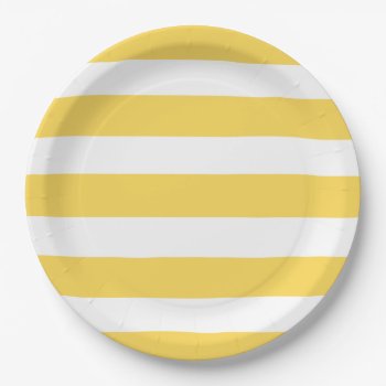 Yellow And White Deckchair Stripes  Paper Plates by beachcafe at Zazzle