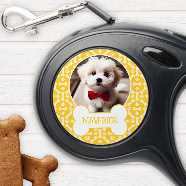Yellow And White Dog Bone Paw Pattern Pet Photo Retractable Pet Leash (Creator Uploaded)