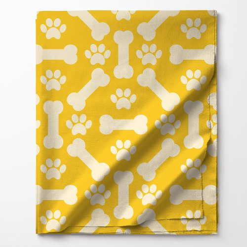 Yellow And White Dog Bones And Paw Prints Pattern Fabric