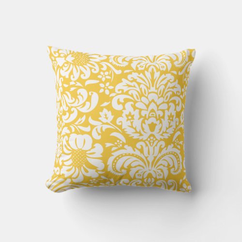 Yellow and White Floral Damask Throw Pillow