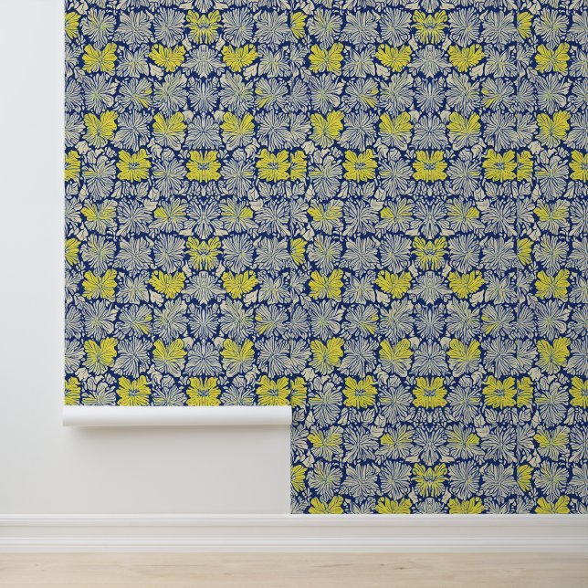 Yellow and White Floral Pattern on Navy Blue Wallpaper (Application)