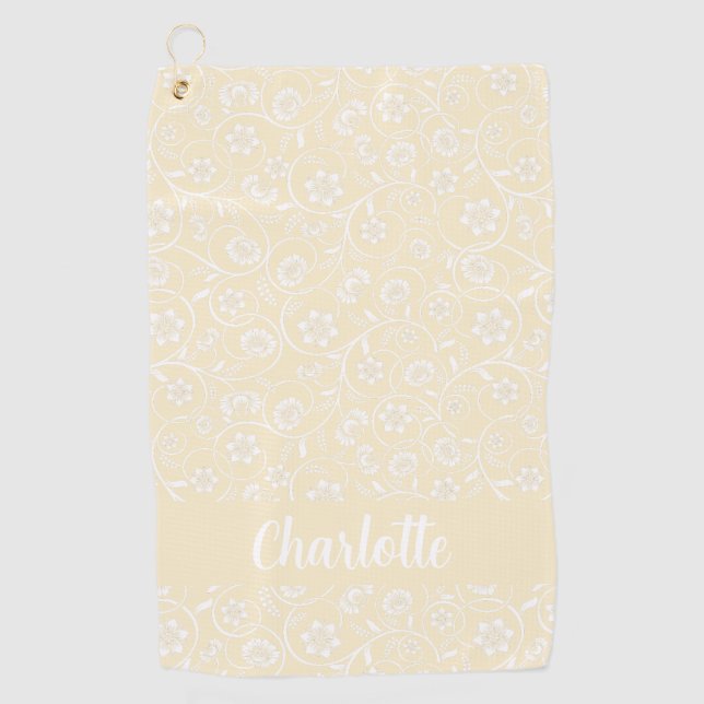 Yellow And White Floral Personalized Name Women Golf Towel (Front)