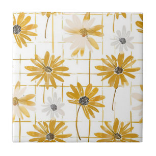 Yellow and White Flowers - Distressed Golden Plaid Ceramic Tile
