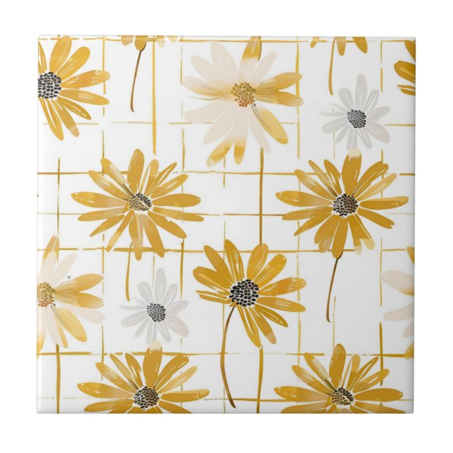 Yellow and White Flowers - Distressed Golden Plaid Ceramic Tile (Front)