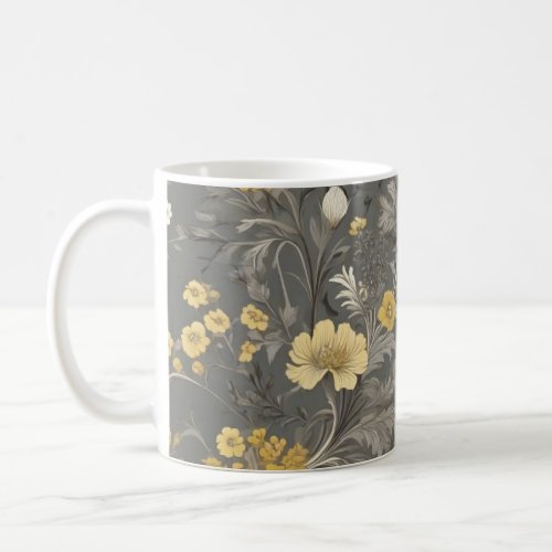 Yellow and white flowers on grey background coffee mug