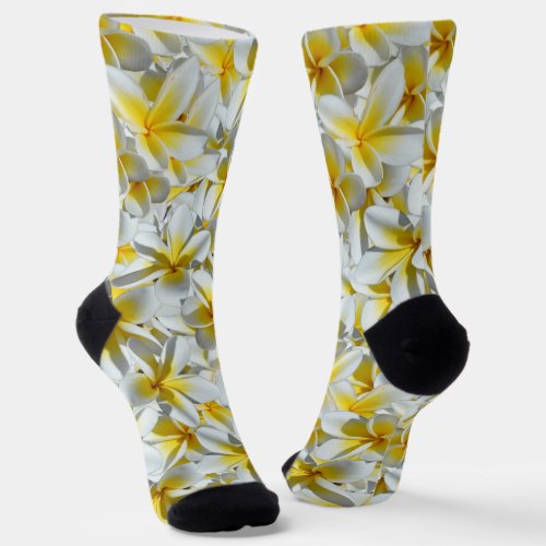 Yellow And White Frangipani Flowers Crew Socks