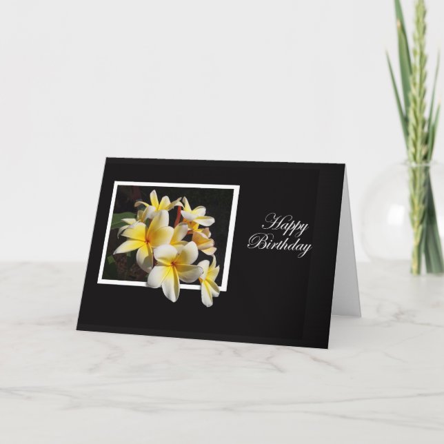 Yellow and White Frangipani Happy Birthday Card (Front)