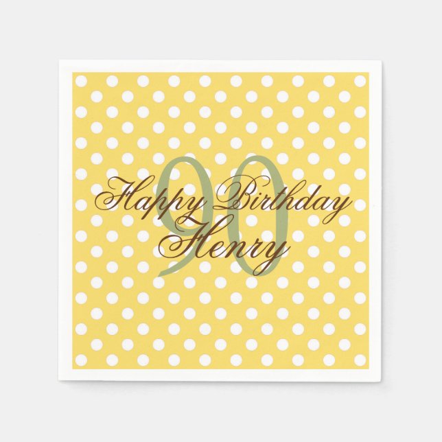 Yellow and White Fun Polka Dot 90th Birthday Paper Napkins (Front)