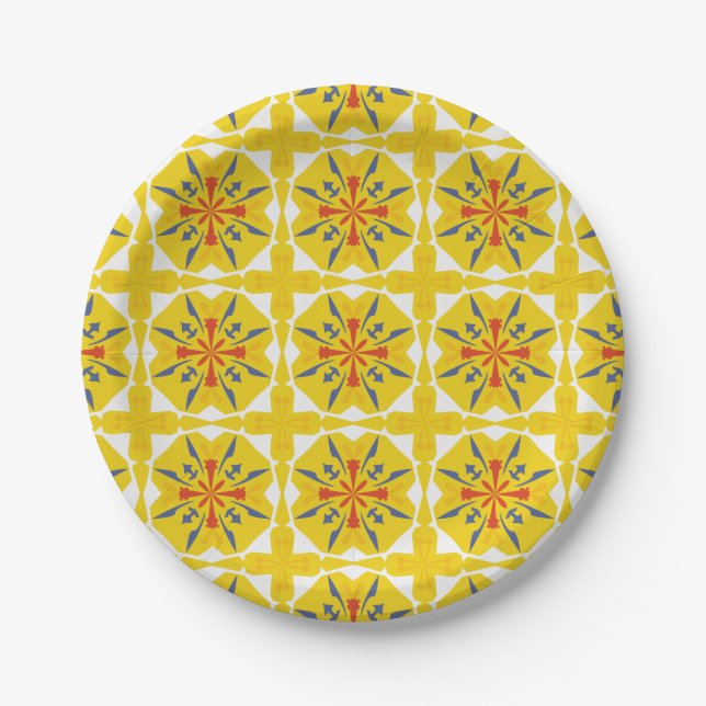 yellow and white geometric pattern paper plates (Front)
