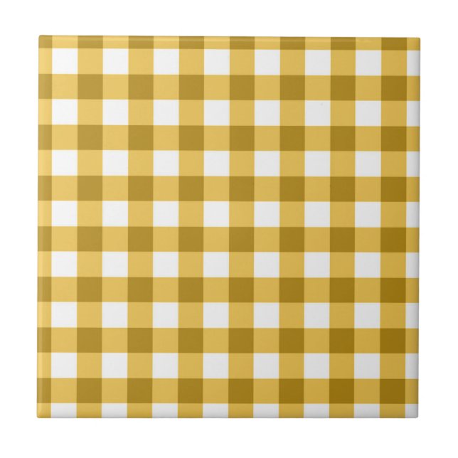 Yellow And White Gingham Check Pattern Ceramic Tile (Front)