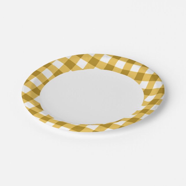 Yellow And White Gingham Check Pattern Paper Plates (Angled)