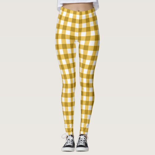 Yellow And White Gingham Checked Leggings