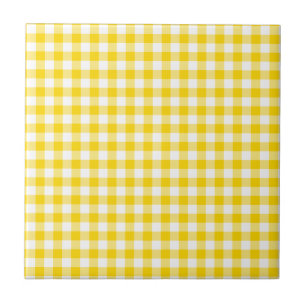Yellow and White Gingham Checks Squares Pattern Ceramic Tile