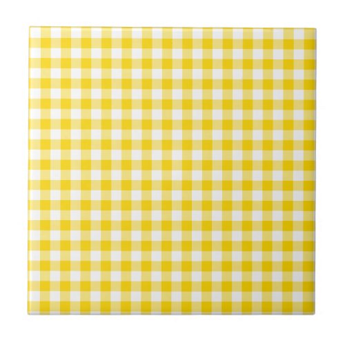 Yellow and White Gingham Checks Squares Pattern Ceramic Tile