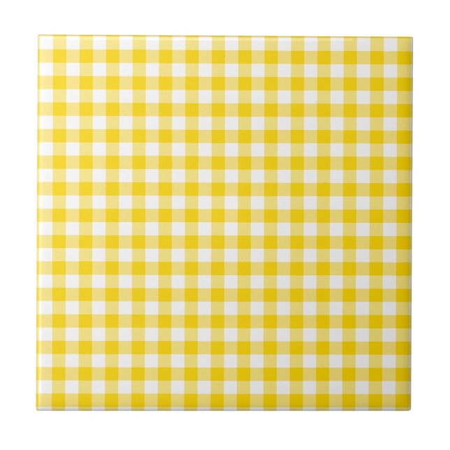 Yellow and White Gingham Checks Squares Pattern Ceramic Tile (Front)