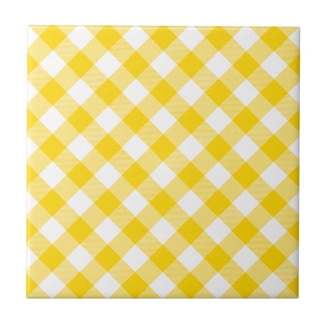 Yellow and White Gingham Diagonal Checks Pattern Ceramic Tile (Front)