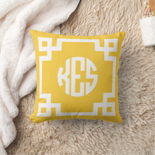 Yellow and White Greek Key Circle Monogram Throw Pillow