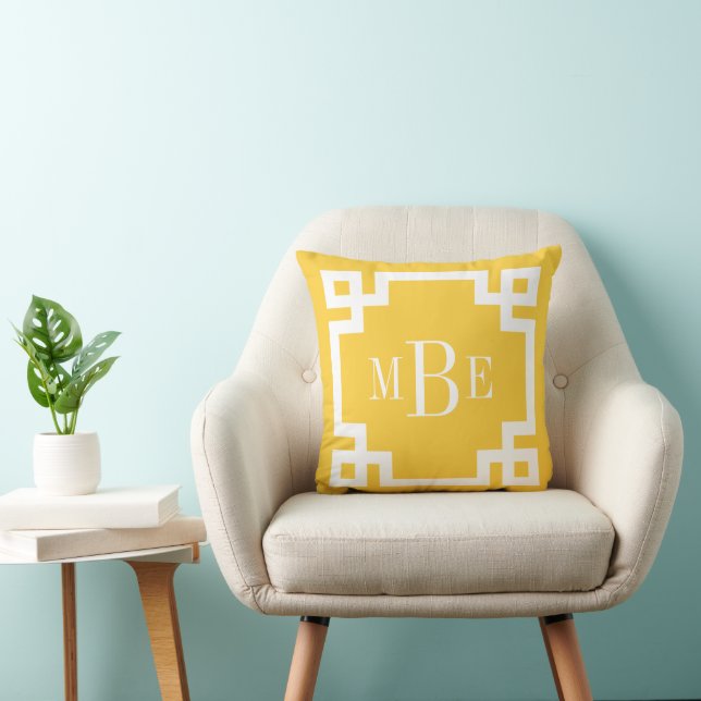 Yellow and White Greek Key Monogram Throw Pillow (Chair)