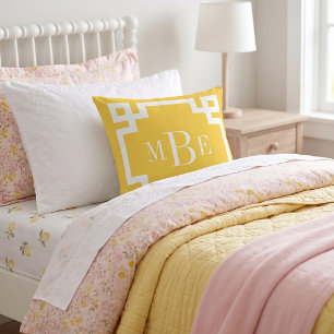 Yellow and White Greek Key Monogram Throw Pillow