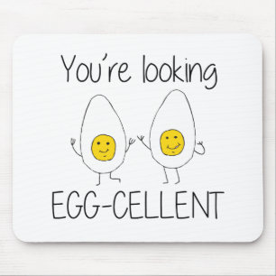 Yellow and White Hand Drawn Egg-cellent Egg puns Mouse Pad
