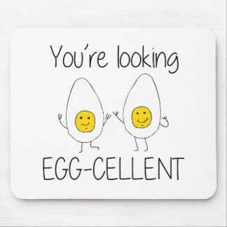Yellow and White Hand Drawn Egg-cellent Egg puns Mouse Pad