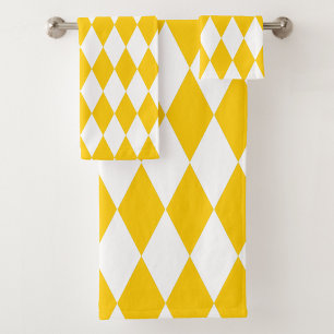 Yellow and White Harlequin Diamonds Check Design Bath Towel Set