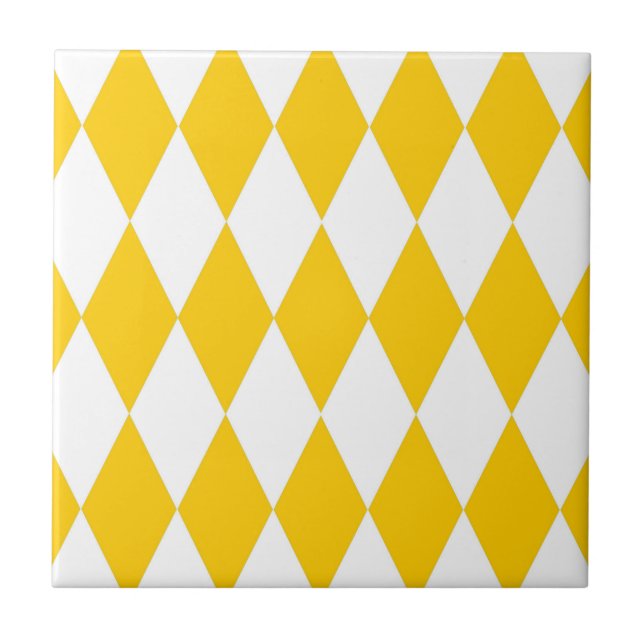 Yellow and White Harlequin Diamonds Check Design  Ceramic Tile (Front)