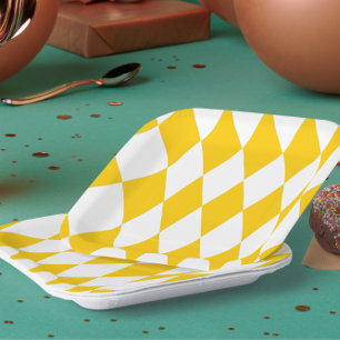 Yellow and White Harlequin Diamonds Check Design  Paper Plates