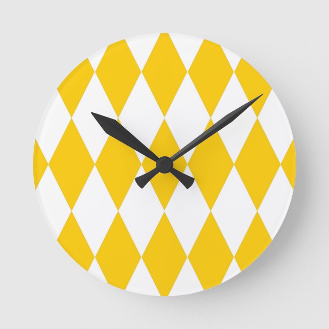Yellow and White Harlequin Diamonds Check Design  Round Clock (Front)