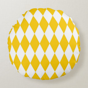 Yellow and White Harlequin Diamonds Check Design  Round Pillow