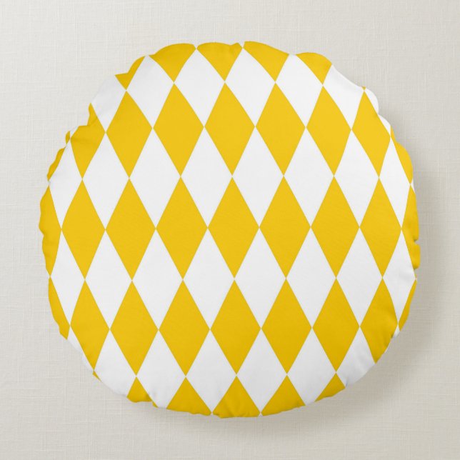 Yellow and White Harlequin Diamonds Check Design  Round Pillow (Front)