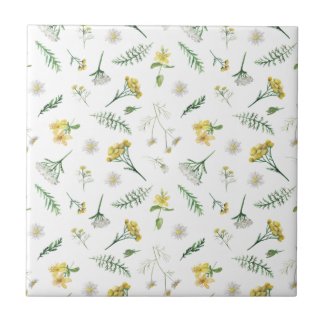 Yellow and White Herbal Seamless Ceramic Tile