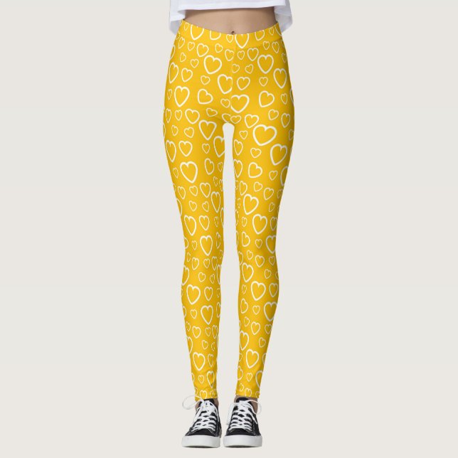 Yellow and White Love Hearts Pattern Leggings (Front)