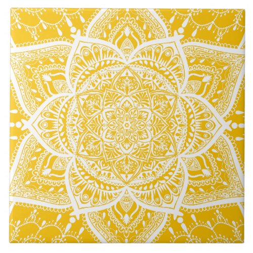 Yellow and White Mandala _ Loergann in Honey Ceramic Tile