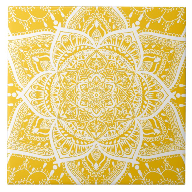 Yellow and White Mandala - Loergann in Honey Ceramic Tile (Front)