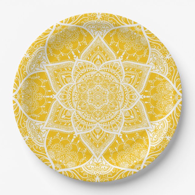 Yellow and White Mandala - Loergann in Honey Paper Plates (Front)