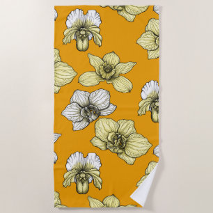 Yellow and white orchid flowers beach towel