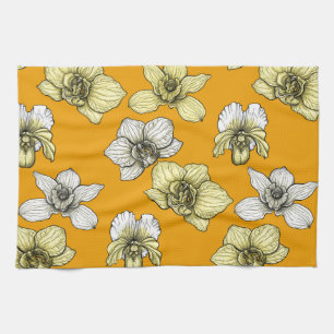 Yellow and white orchid flowers kitchen towel