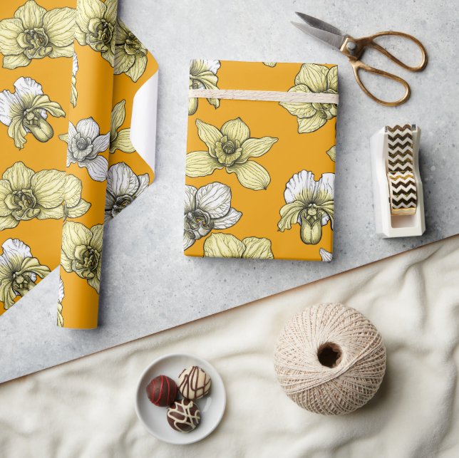 Yellow and white orchid flowers wrapping paper (Crafts)