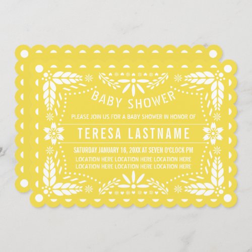 Yellow and white papel picado baby shower invitation