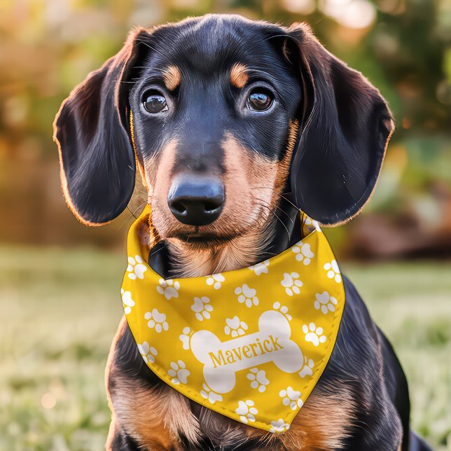 Yellow And White Paw Print Dog Bone Custom Name Pet Bandana Collar (Creator Uploaded)