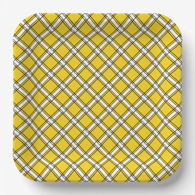 Yellow and white plaid plaid pattern  paper plates (Front)