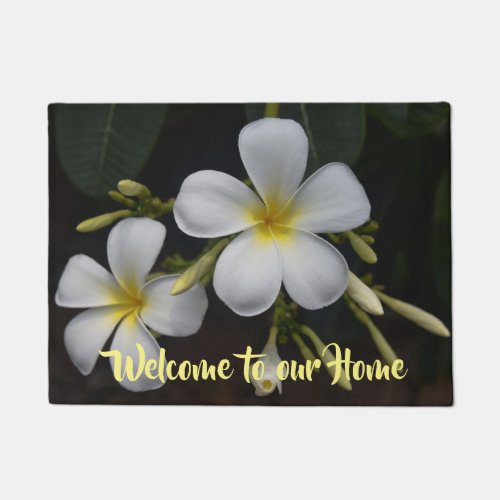 Yellow and White Plumeria Welcome to our Home Doormat