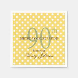 Yellow and White Polka Dot 90th Birthday Paper Napkins