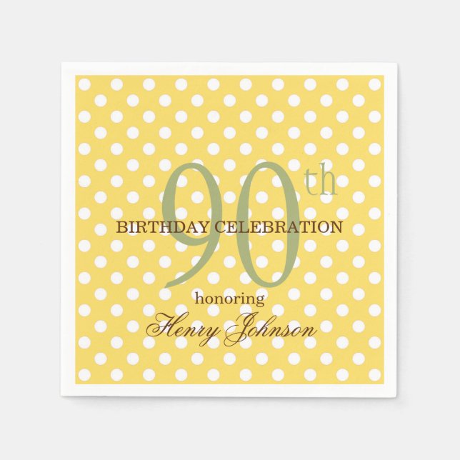 Yellow and White Polka Dot 90th Birthday Paper Napkins (Front)