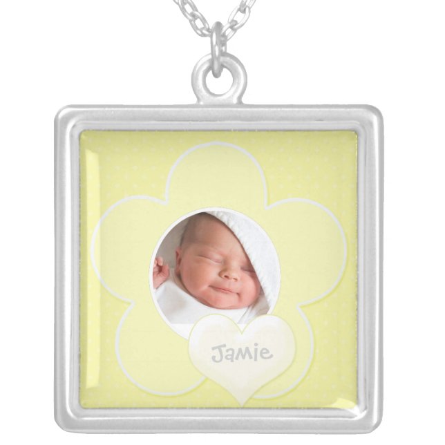 Yellow and white Polka Dot Baby Photo Necklace (Front)