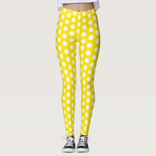 Yellow and White Polka Dot Leggings for Women