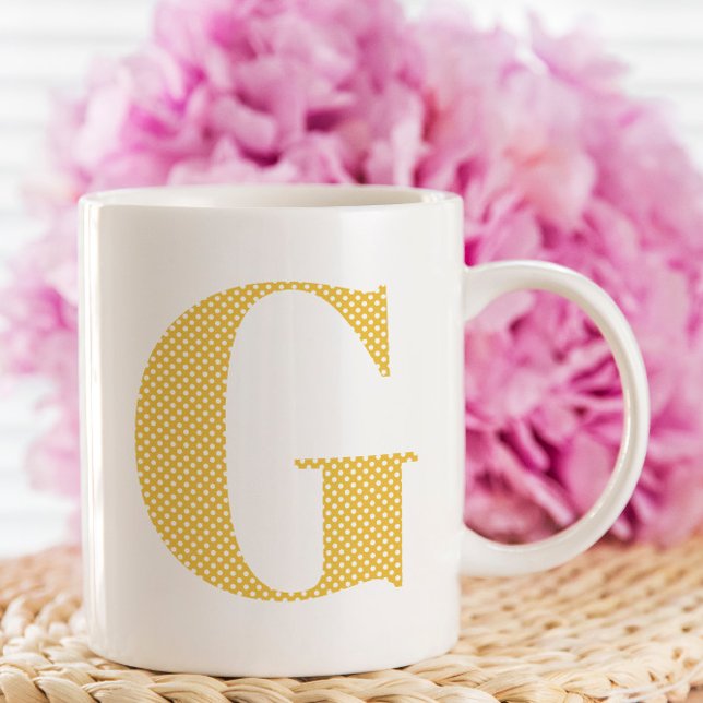 Yellow and White Polka Dot Monogram Coffee Mug (Create your own mustard yellow and white polka dot monogrammed coffee cup.)