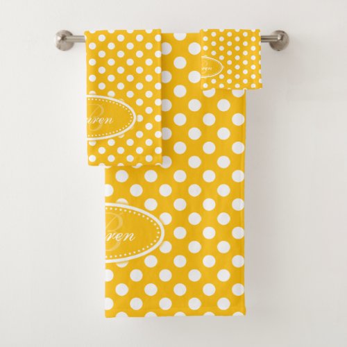 Yellow and white polka dot personalized towels