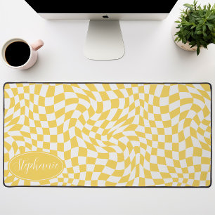 Yellow and White Retro Groovy Wavy Checker Desk Mat